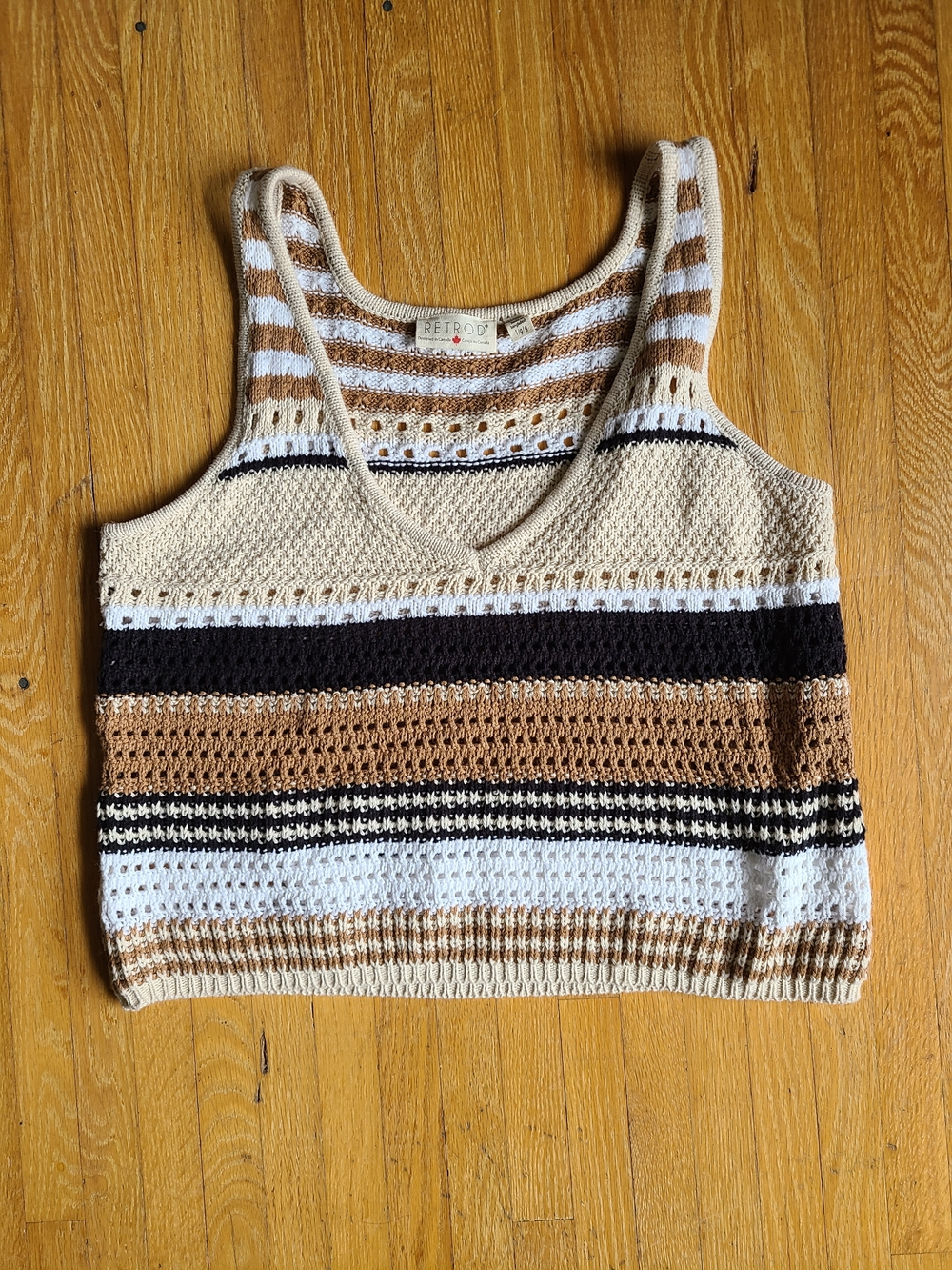 Retrod Striped Crochet Crop Tank in Cream, Brown and Black